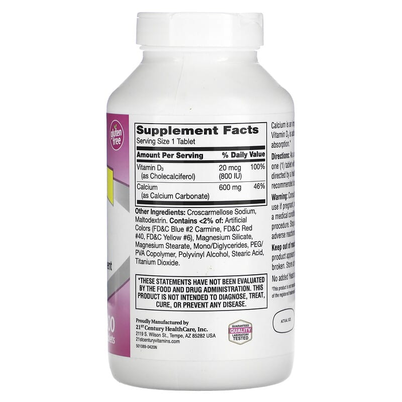21st Century 600+D3 Calcium & Vitamin D3 Supplement 400 Tablets 2 Thành phần vi chất của 21st Century 600+D3 Calcium & Vitamin D3 Supplement 400 Tablets 740985275313