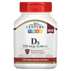 Thực phẩm chức năng 21st Century Vitamin D3 250 mcg (10.000 IU) 110 Rapid Release Softgels 740985280607