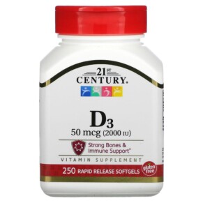 Thực phẩm chức năng 21st Century Vitamin D3 50 mcg (2.000 IU) 250 Softgels 740985274163