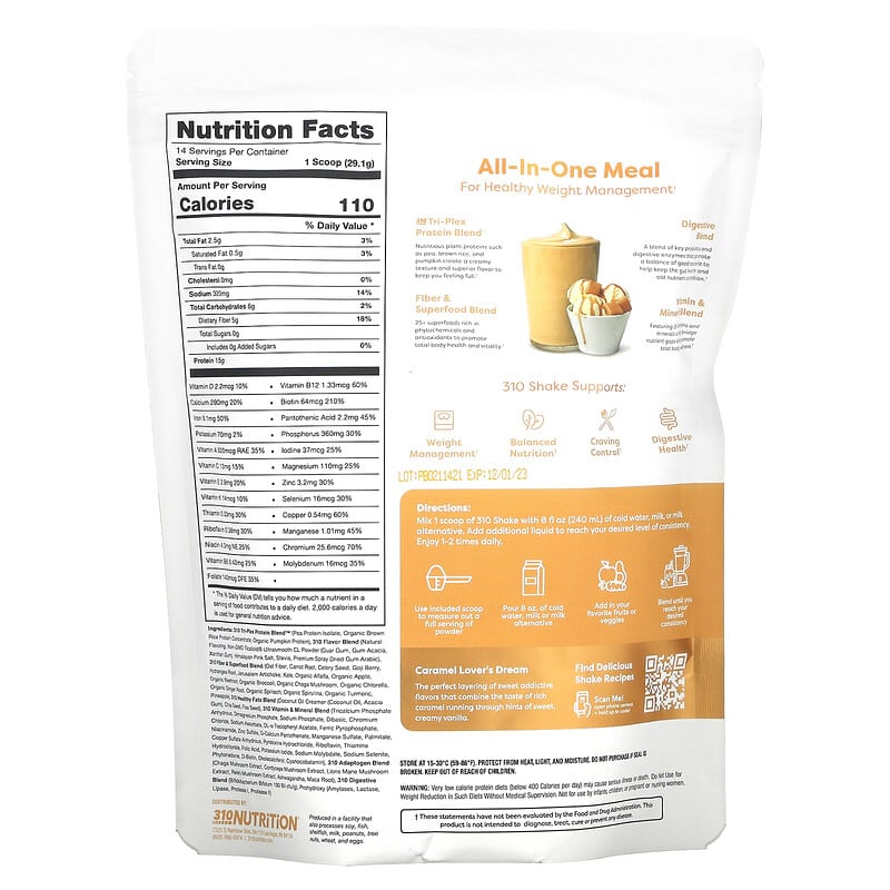 310 Nutrition All-In-One Meal Shake Caramel Sundae 14.4 oz (407.4 g) 2 Thành phần vi chất của 310 Nutrition All-In-One Meal Shake Caramel Sundae 14.4 oz (407.4 g) 810018832117