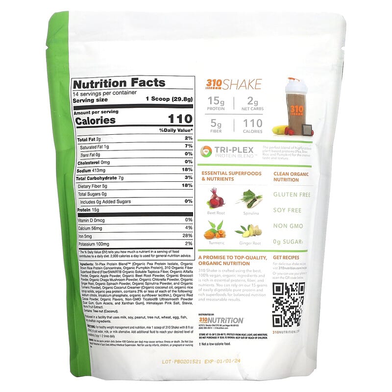 310 Nutrition Meal Replacement Shake Chocolate 14.7 oz (417.2 g) 2 Thành phần vi chất của 310 Nutrition Meal Replacement Shake Chocolate 14.7 oz (417.2 g) 810018830472