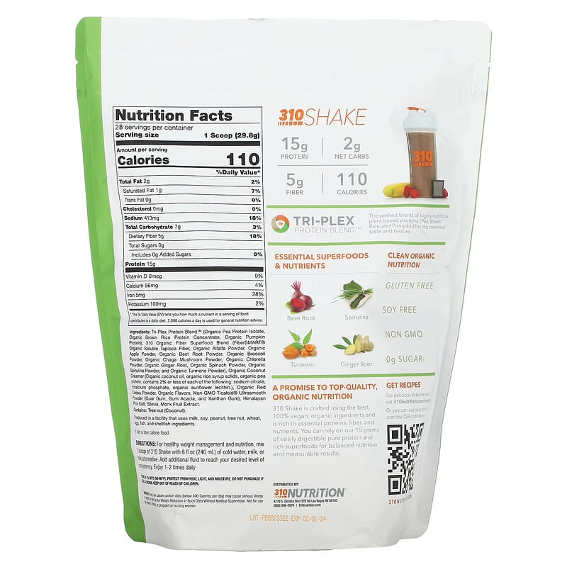 310 Nutrition Meal Replacement Shake Chocolate 29.4 oz (834.4 g) 2 Thành phần vi chất của 310 Nutrition Meal Replacement Shake Chocolate 29.4 oz (834.4 g) 810018830434