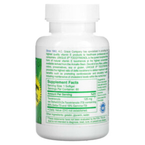 Thành phần vi chất của A.C. Grace Company Unique E Tocotrienol Tocopherol-Free 60 Softgels 894612020101