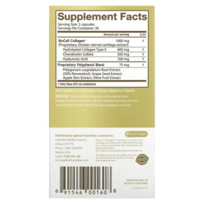 Thành phần vi chất của Ageless Foundation Laboratories UltraDerm Gold Natural Collagen Booster with Patented BioCell Collagen 60 Capsules 691546001608