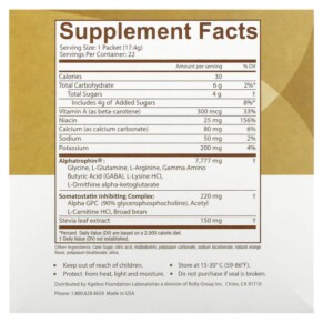 Thành phần vi chất của Ageless Foundation Laboratories UltraMax Gold Advanced Rejuvenation Formula with Alphatrophin Valencia Orange 22 Packets 0.61 oz (17.4 g) Each 691546001103