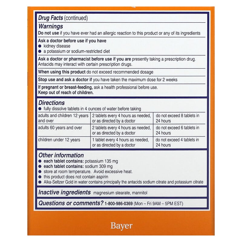 Alka-Seltzer Gold 36 Effervescent Tablets 2 Thành phần vi chất của Alka-Seltzer Gold 36 Effervescent Tablets 016500566755