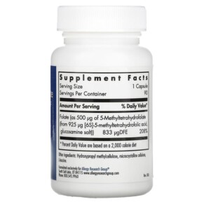 Thành phần vi chất của Allergy Research Group QuatreActiv Folate 4th Generation 5-MTHF 90 Vegetarian Capsules 713947765306