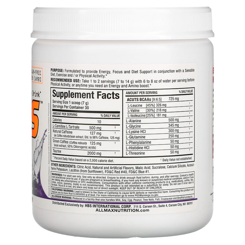 ALLMAX ACUTS Amino-Charged Energy Drink Grape 7.4 oz (210 g) 2 Thành phần vi chất của ALLMAX ACUTS Amino-Charged Energy Drink Grape 7.4 oz (210 g) 665553226828