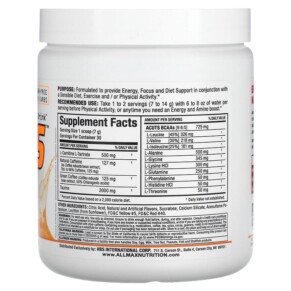 Thành phần vi chất của ALLMAX ACUTS Amino-Charged Energy Drink Orange 7.4 oz (210 g) 665553226033