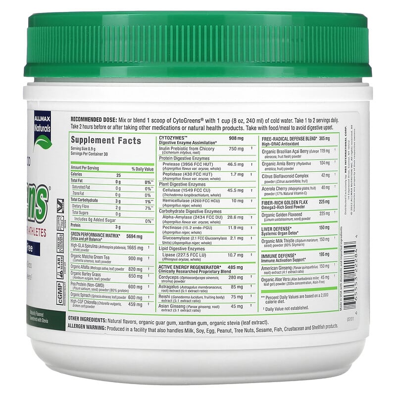 ALLMAX CytoGreens For Athletes Acai Berry Green Tea 0.6 lbs (267 g) 2 Thành phần vi chất của ALLMAX CytoGreens For Athletes Acai Berry Green Tea 0.6 lbs (267 g) 665553222844
