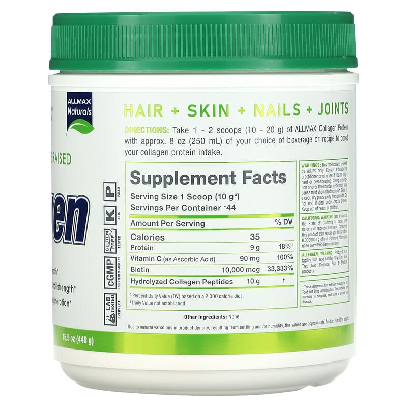 ALLMAX Grass Fed & Pasture Raised Collagen with Biotin & Vitamin C Unflavored 15.5 oz (440 g) 2 Thành phần vi chất của ALLMAX Grass Fed & Pasture Raised Collagen with Biotin & Vitamin C Unflavored 15.5 oz (440 g) 665553228402