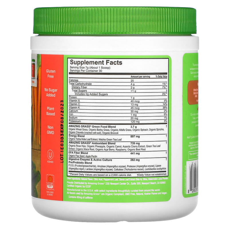 Amazing Grass Green Blend Energy Watermelon 7.4 oz (210 g) 2 Thành phần vi chất của Amazing Grass Green Blend Energy Watermelon 7.4 oz (210 g) 829835001668