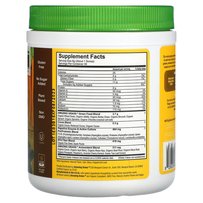 Amazing Grass Greens Blend Superfood Chocolate 8.5 oz (240 g) 2 Thành phần vi chất của Amazing Grass Greens Blend Superfood Chocolate 8.5 oz (240 g) 829835933006