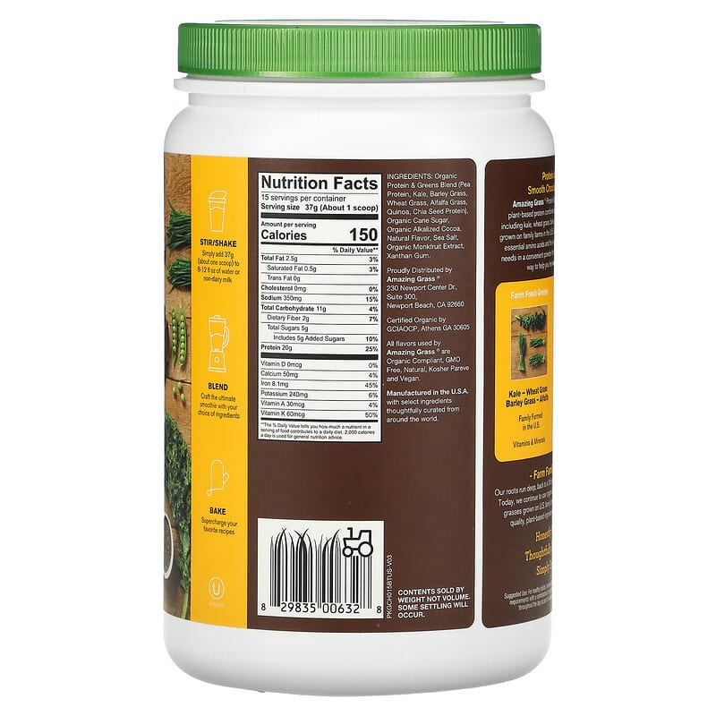 Amazing Grass Organic Protein & Kale Powder Smooth Chocolate 1.22 lb (555 g) 2 Thành phần vi chất của Amazing Grass Organic Protein & Kale Powder Smooth Chocolate 1.22 lb (555 g) 829835006328