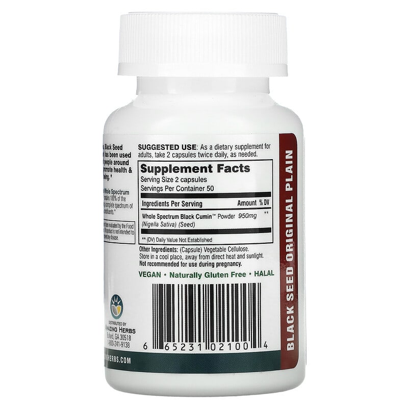 Amazing Herbs Black Seed Original Plain 100 Vegetarian Capsules 2 Thành phần vi chất của Amazing Herbs Black Seed Original Plain 100 Vegetarian Capsules 665231021004