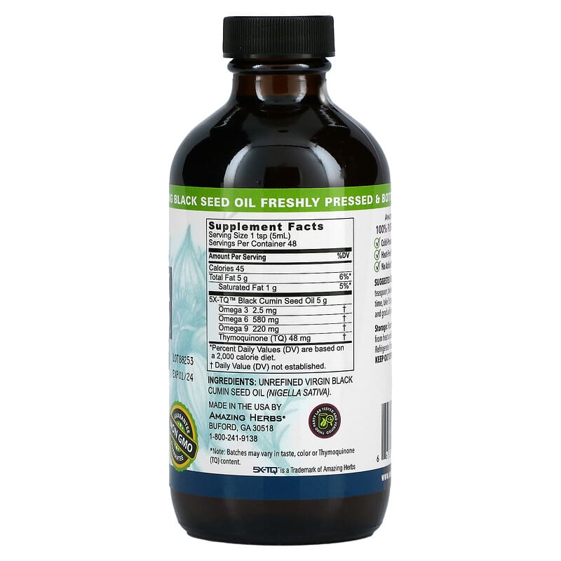 Amazing Herbs Premium Black Seed 100% Pure Cold-Pressed Black Cumin Seed Oil 8 fl oz (240 ml) 2 Thành phần vi chất của Amazing Herbs Premium Black Seed 100% Pure Cold-Pressed Black Cumin Seed Oil 8 fl oz (240 ml) 665231120080