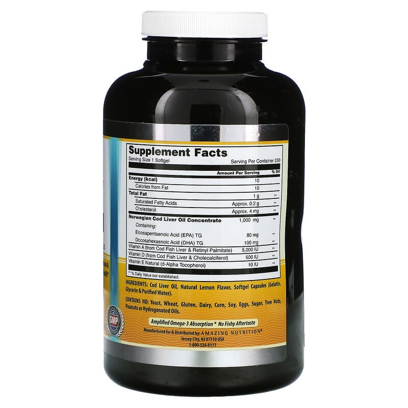 Amazing Nutrition Norwegian Cod Liver Oil Lemon 1.000 mg 250 Softgels 2 Thành phần vi chất của Amazing Nutrition Norwegian Cod Liver Oil Lemon 1.000 mg 250 Softgels 810180021098