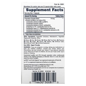 Thành phần vi chất của American Health Daily Care Probiotic Complex 60 Vegan Capsules 076630300810