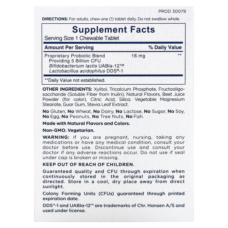 American Health Once Daily Chewable Probiotic Natural Strawberry 5 Billion CFU 60 Chewable Tablets 2 Thành phần vi chất của American Health Once Daily Chewable Probiotic Natural Strawberry 5 Billion CFU 60 Chewable Tablets 076630300797