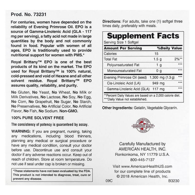 American Health Royal Brittany Evening Primrose Oil 1.300 mg 2 Bottles 60 Softgels Each 2 Thành phần vi chất của American Health Royal Brittany Evening Primrose Oil 1.300 mg 2 Bottles 60 Softgels Each 076630032315