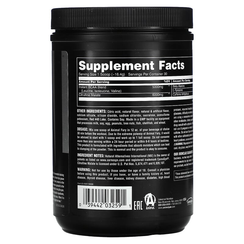 Animal Fury The Complete Pre-Workout Stack Watermelon 1.08 lb (492 g) 2 Thành phần vi chất của Animal Fury The Complete Pre-Workout Stack Watermelon 1.08 lb (492 g) 039442032591