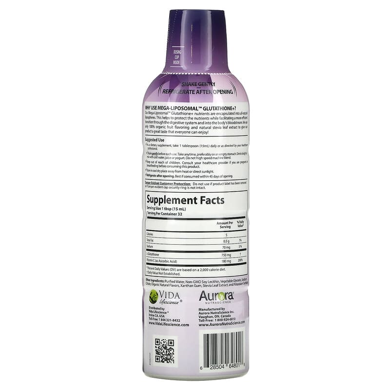 Aurora Nutrascience Mega-Liposomal Glutathione+ Plus Vitamin C Organic Fruit 750 mg 16 fl oz (480 ml) 2 Thành phần vi chất của Aurora Nutrascience Mega-Liposomal Glutathione+ Plus Vitamin C Organic Fruit 750 mg 16 fl oz (480 ml) 628504648018