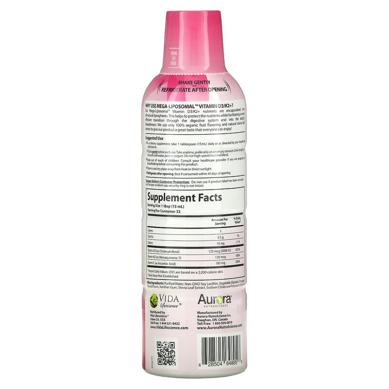 Aurora Nutrascience Mega-Liposomal Vitamin D3/K2+ Organic Fruit 16 fl oz (480 ml) 2 Thành phần vi chất của Aurora Nutrascience Mega-Liposomal Vitamin D3/K2+ Organic Fruit 16 fl oz (480 ml) 628504648056