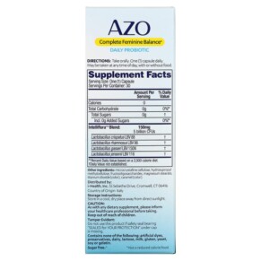 Thành phần vi chất của Azo Complete Feminine Balance Daily Probiotic 5 Billion 30 Once Daily Capsules 787651760162