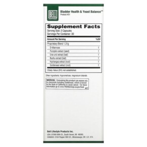 Thành phần vi chất của Bell Lifestyle Bladder Health & Yeast Balance 60 Veggie Capsules 771733109093