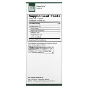 Thành phần vi chất của Bell Lifestyle Clear Skin 90 Veggie Capsules 771733110341