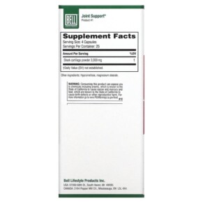 Thành phần vi chất của Bell Lifestyle Joint Support 100 Veggie Capsules 771733100083