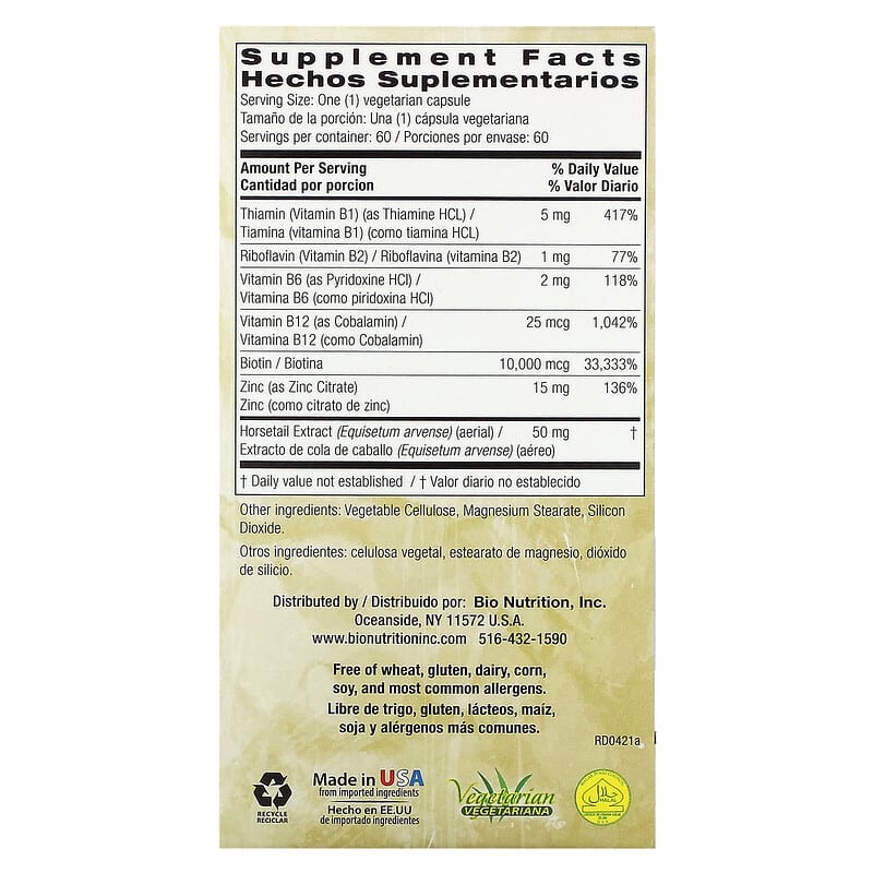 Bio Nutrition Healthy Hair with Biotin 10.000 Plus 60 Vegetarian Capsules 2 Thành phần vi chất của Bio Nutrition Healthy Hair with Biotin 10.000 Plus 60 Vegetarian Capsules 854936003297