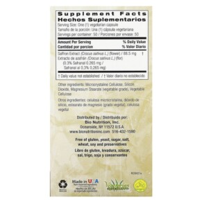 Thành phần vi chất của Bio Nutrition Saffron Extract 88.5 mg 50 Vegetarian Capsules 854936003174