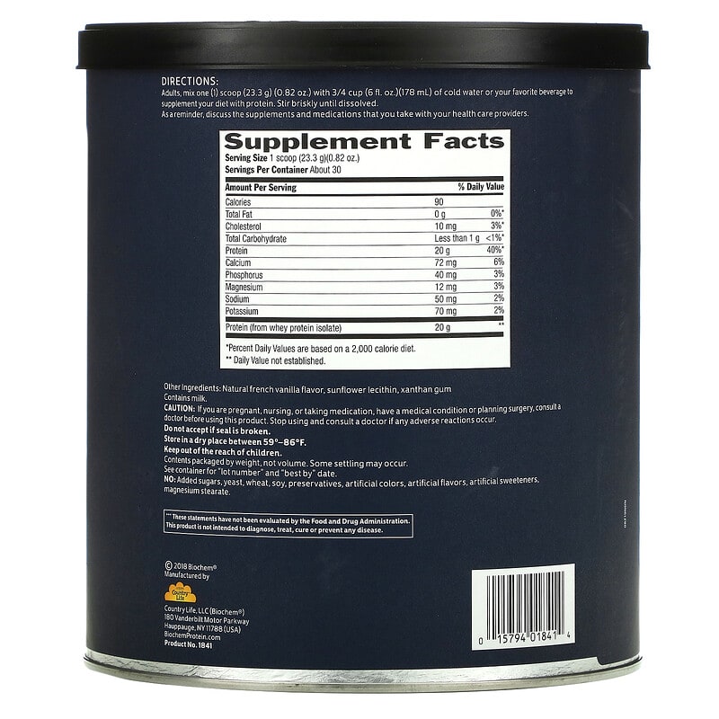 Biochem 100% Whey Isolate Protein Natural 24.6 oz (699 g) 2 Thành phần vi chất của Biochem 100% Whey Isolate Protein Natural 24.6 oz (699 g) 015794018414