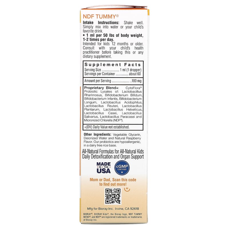 Bioray Inc. Kids NDF Tummy 11-Strain Probiotic Blend Raspberry 2 fl oz (60 ml) 2 Thành phần vi chất của Bioray Inc. Kids NDF Tummy 11-Strain Probiotic Blend Raspberry 2 fl oz (60 ml) 736211465955