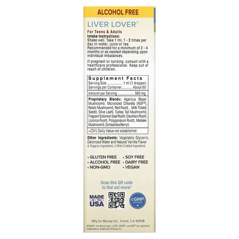 Bioray Inc. Liver Lover Revitalizing Liver Tonic Alcohol Free 2 fl oz (60 ml) 2 Thành phần vi chất của Bioray Inc. Liver Lover Revitalizing Liver Tonic Alcohol Free 2 fl oz (60 ml) 646858160079