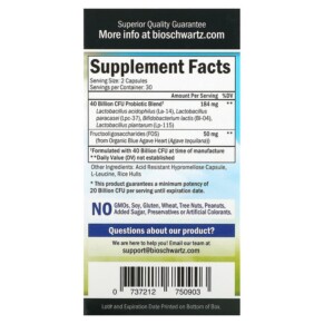Thành phần vi chất của BioSchwartz Advanced Strength Probiotic 40 Billion CFU 60 Capsules 737212750903
