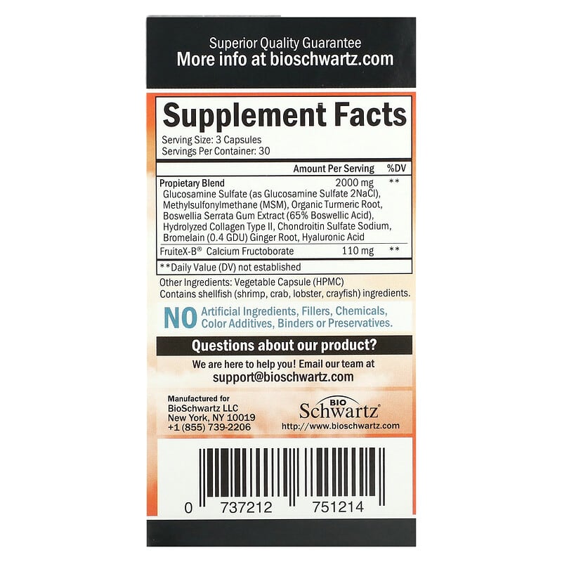 BioSchwartz Glucosamine MSM + Chondroitin with Patented Fruitex-B 90 Capsules 2 Thành phần vi chất của BioSchwartz Glucosamine MSM + Chondroitin with Patented Fruitex-B 90 Capsules 737212751214