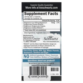 Thành phần vi chất của BioSchwartz Maximum Absorption Magnesium Bisglycinate 180 Veggie Caps 810056430580