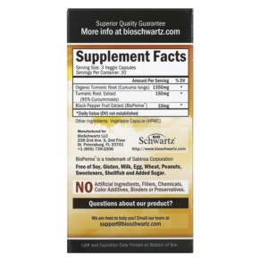 Thành phần vi chất của BioSchwartz Turmeric Curcumin with Bioperine 500 mg 90 Capsules 737212751023