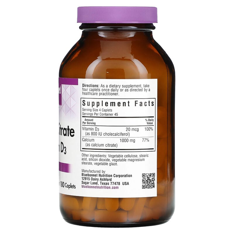 Bluebonnet Nutrition Calcium Citrate & Vitamin D3 180 Caplets 2 Thành phần vi chất của Bluebonnet Nutrition Calcium Citrate & Vitamin D3 180 Caplets 743715007123