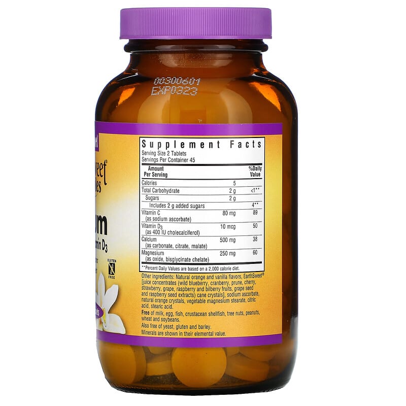 Bluebonnet Nutrition EarthSweet Chewables Calcium Magnesium & Vitamin D3 Orange Vanilla 90 Chewable Tablets 2 Thành phần vi chất của Bluebonnet Nutrition EarthSweet Chewables Calcium Magnesium & Vitamin D3 Orange Vanilla 90 Chewable Tablets 743715007437