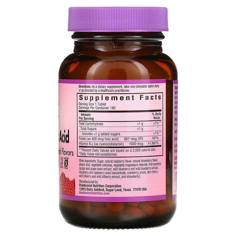 Bluebonnet Nutrition EarthSweet Chewables Vitamin B-12 & Folic Acid Raspberry 180 Chewable Tablets 2 Thành phần vi chất của Bluebonnet Nutrition EarthSweet Chewables Vitamin B-12 & Folic Acid Raspberry 180 Chewable Tablets 743715004351