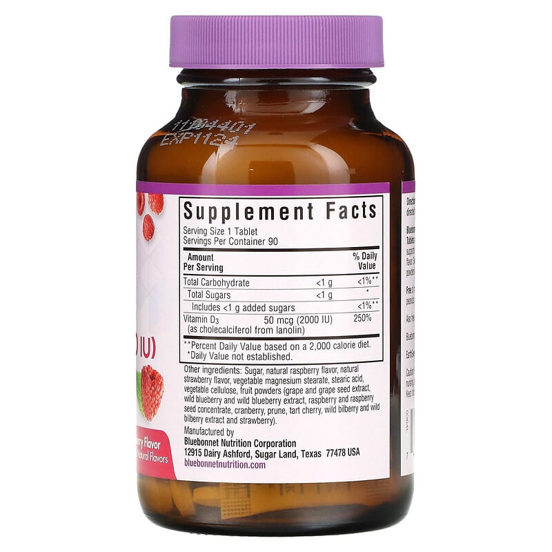 Bluebonnet Nutrition EarthSweet Chewables Vitamin D3 Raspberry 2.000 IU 90 Chewable Tablets 2 Thành phần vi chất của Bluebonnet Nutrition EarthSweet Chewables Vitamin D3 Raspberry 2.000 IU 90 Chewable Tablets 743715003644