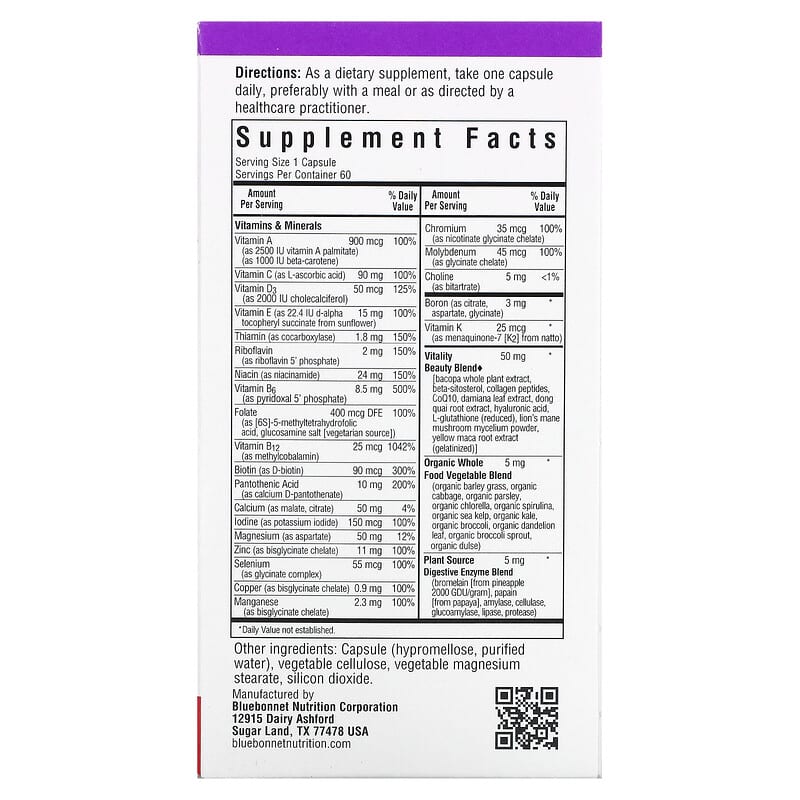 Bluebonnet Nutrition Ladies One Whole Food-Based Multiple 40+ 60 Vegetable Capsules 2 Thành phần vi chất của Bluebonnet Nutrition Ladies One Whole Food-Based Multiple 40+ 60 Vegetable Capsules 743715001558