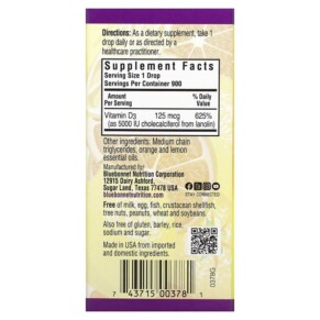 Thành phần vi chất của Bluebonnet Nutrition Liquid Vitamin D3 Drops Citrus 5.000 IU 1 fl oz (30 ml) 743715003781