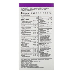 Thành phần vi chất của Bluebonnet Nutrition Men's ONE Whole Food-Based Multiple 90 Vegetable Capsules 743715001435