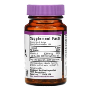 Thành phần vi chất của Bluebonnet Nutrition Vitamin A 3.000 mcg 100 Softgels 743715002982