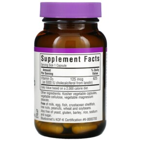 Thành phần vi chất của Bluebonnet Nutrition Vitamin D3 125 mcg (5.000 IU) 60 Vegetable Capsules 743715003682