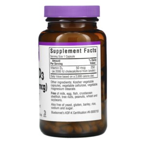 Thành phần vi chất của Bluebonnet Nutrition Vitamin D3 50 mcg (2.000 IU) 180 Vegetable Capsules 743715003156